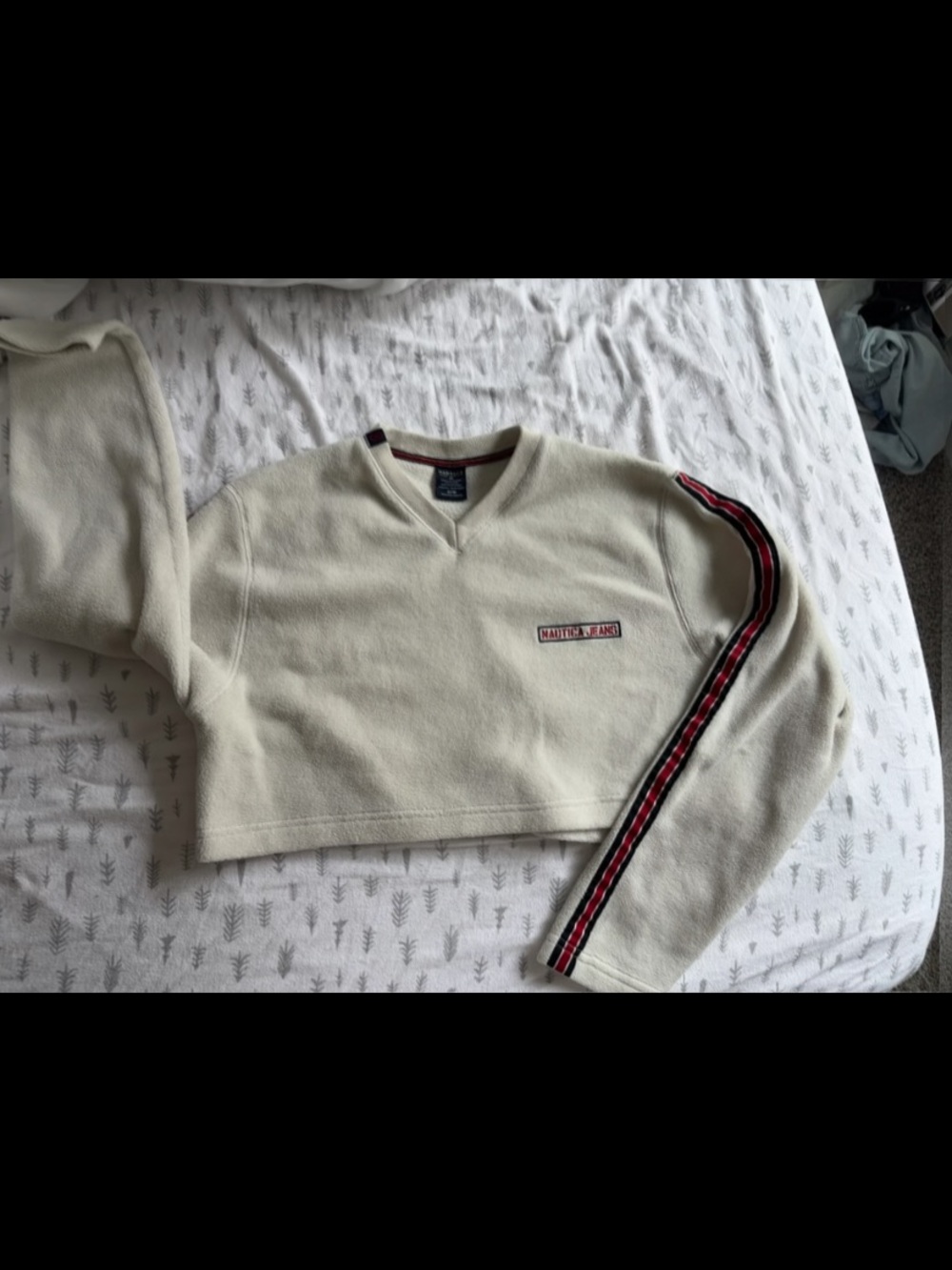 Nautica Cropped Fleece Pullover with Red-Black Stripe